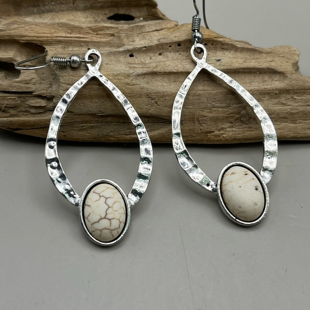 Silver and Beige Teardrop Earrings